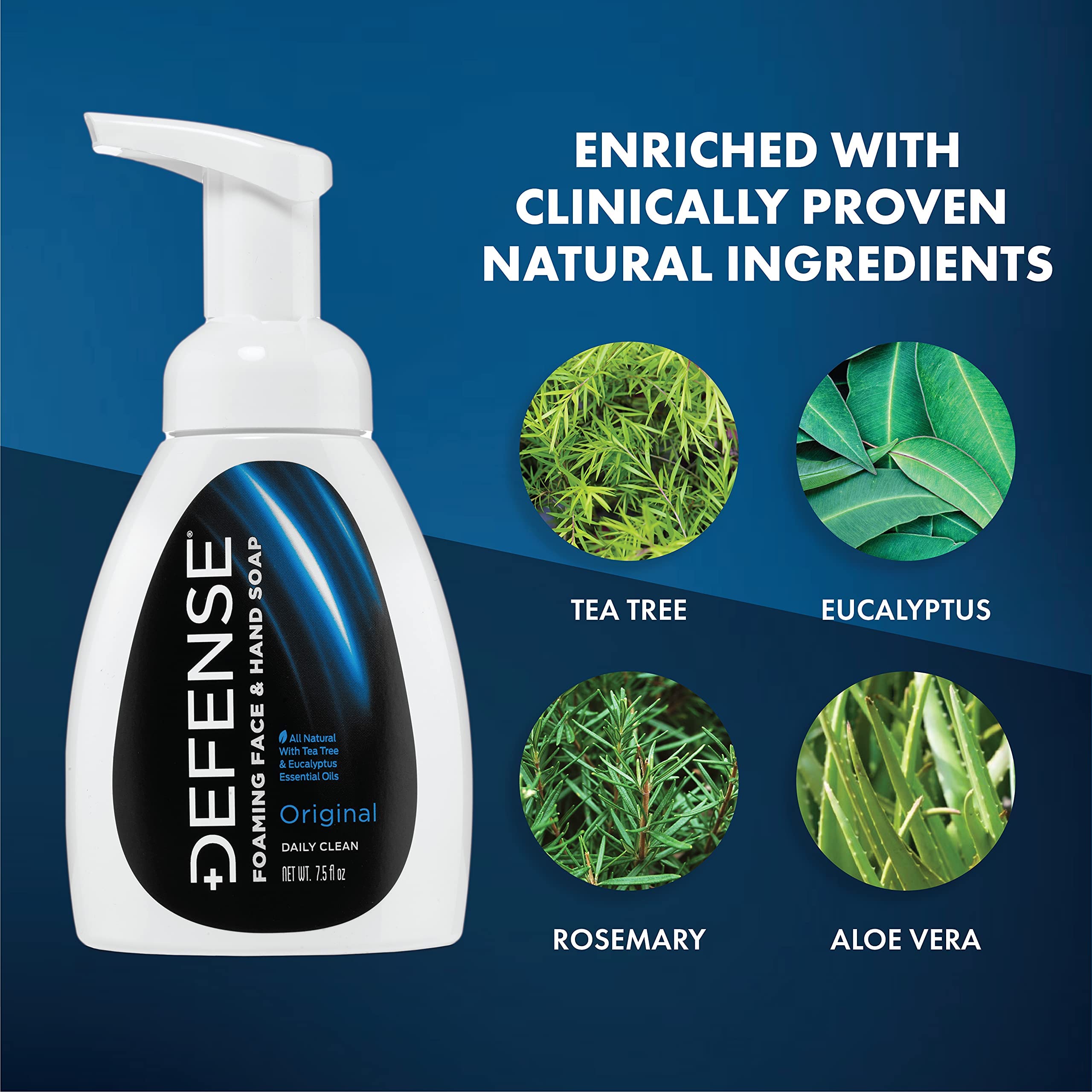 Defense Liquid Foaming Face & Hand Soap 7.5 Fl Oz with Tea Tree, Eucalyptus, Jojoba, Aloe Vera, Olive & Coconut Oils