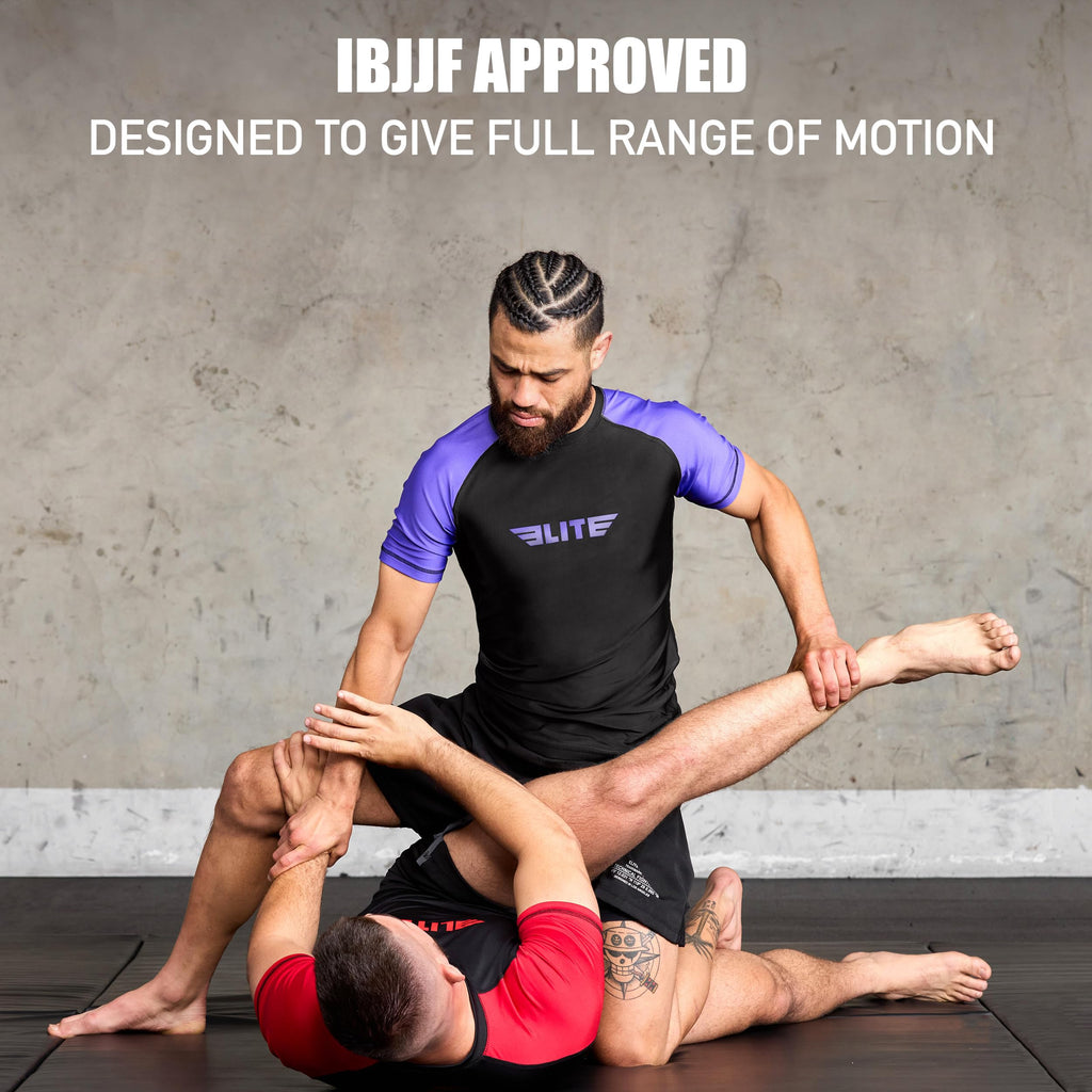 Elite Sports Jiu Jitsu BJJ Rash Guards, Men’s BJJ, No GI, MMA Ranked Short Sleeve Compression Base Layer Rash Guard