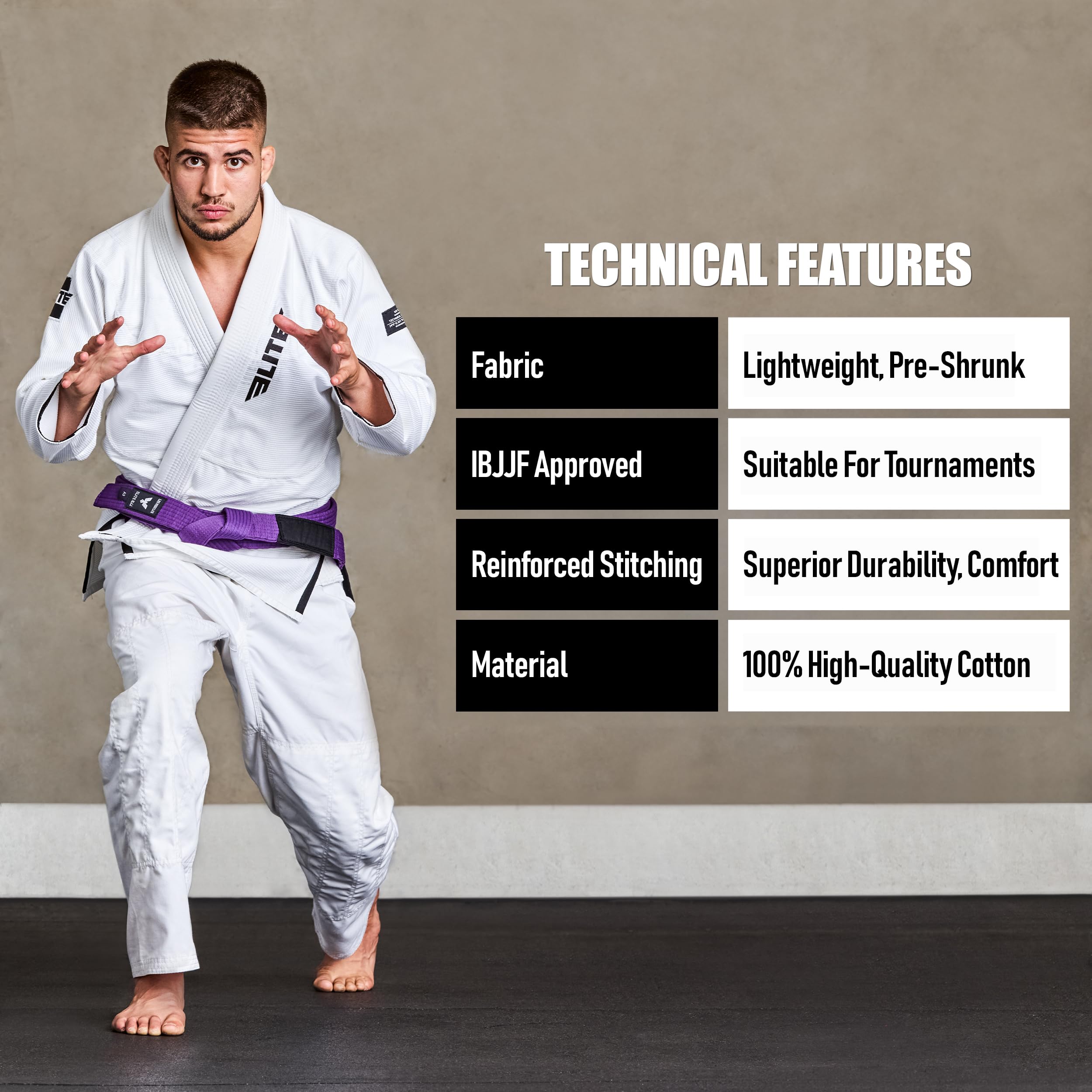 Elite Sports Adults Brazilian Jiu Jitsu Belts for Men & Women,Cotton IBJJF Approved BJJ Belts with Ranking Stripes Sleeve Bar
