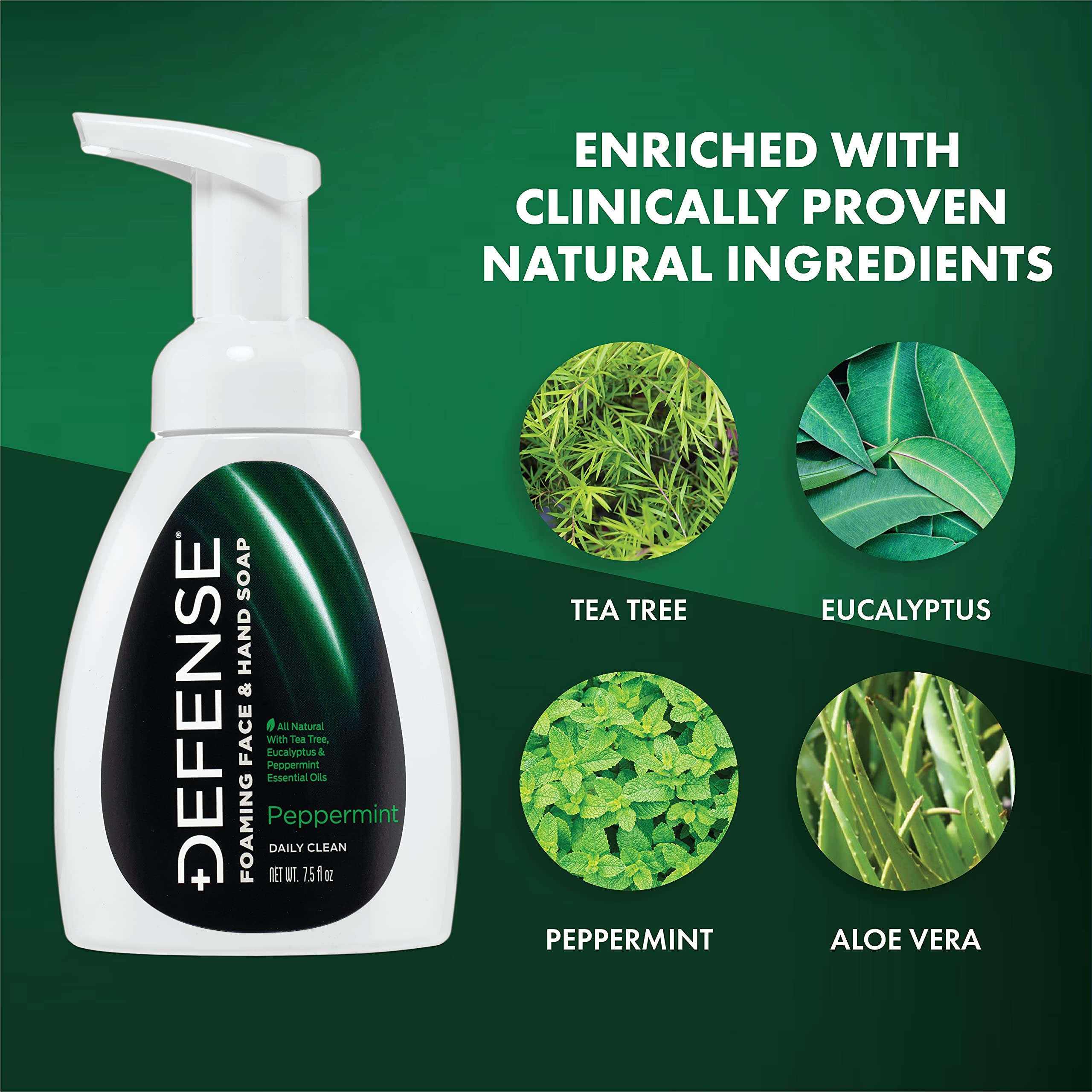 Defense Liquid Foaming Face & Hand Soap 7.5 Fl Oz with Tea Tree, Eucalyptus, Jojoba, Aloe Vera, Olive & Coconut Oils