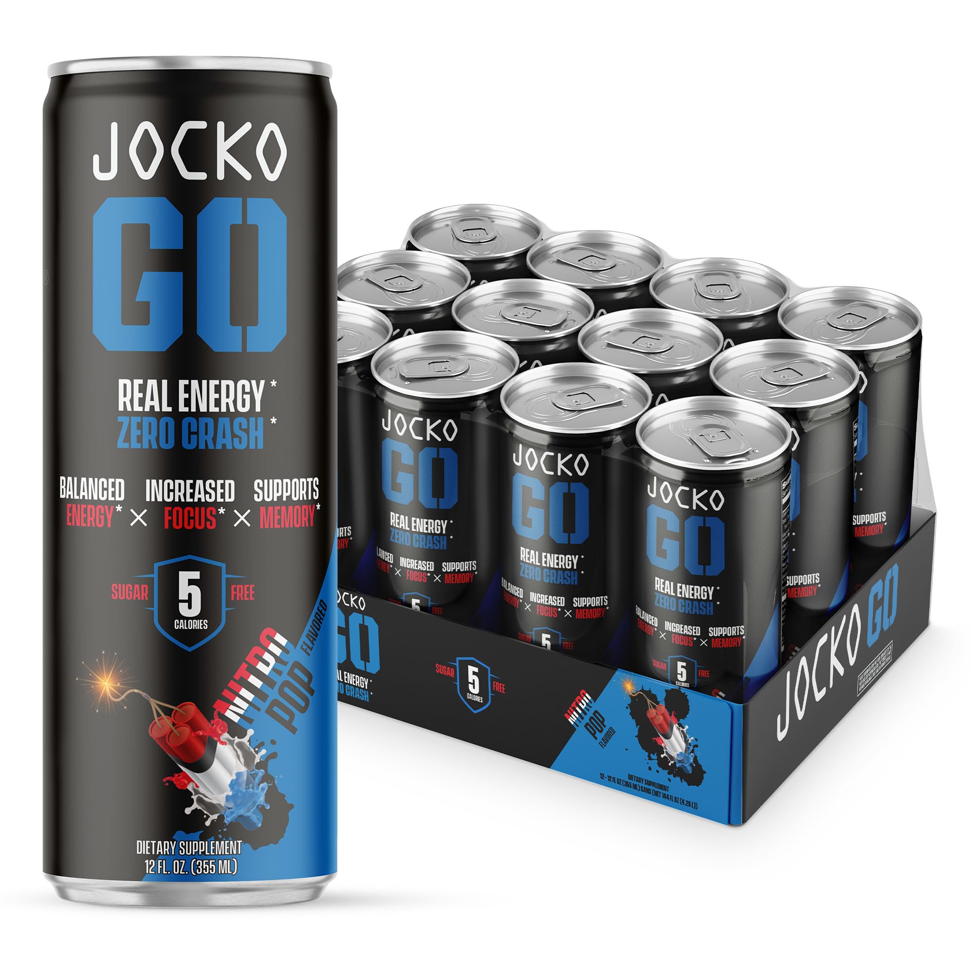 Jocko Fuel Blue Raspberry Energy Drink, 12 Pack, 0 Sugar, 95mg Caffeine, Supports Brain Health