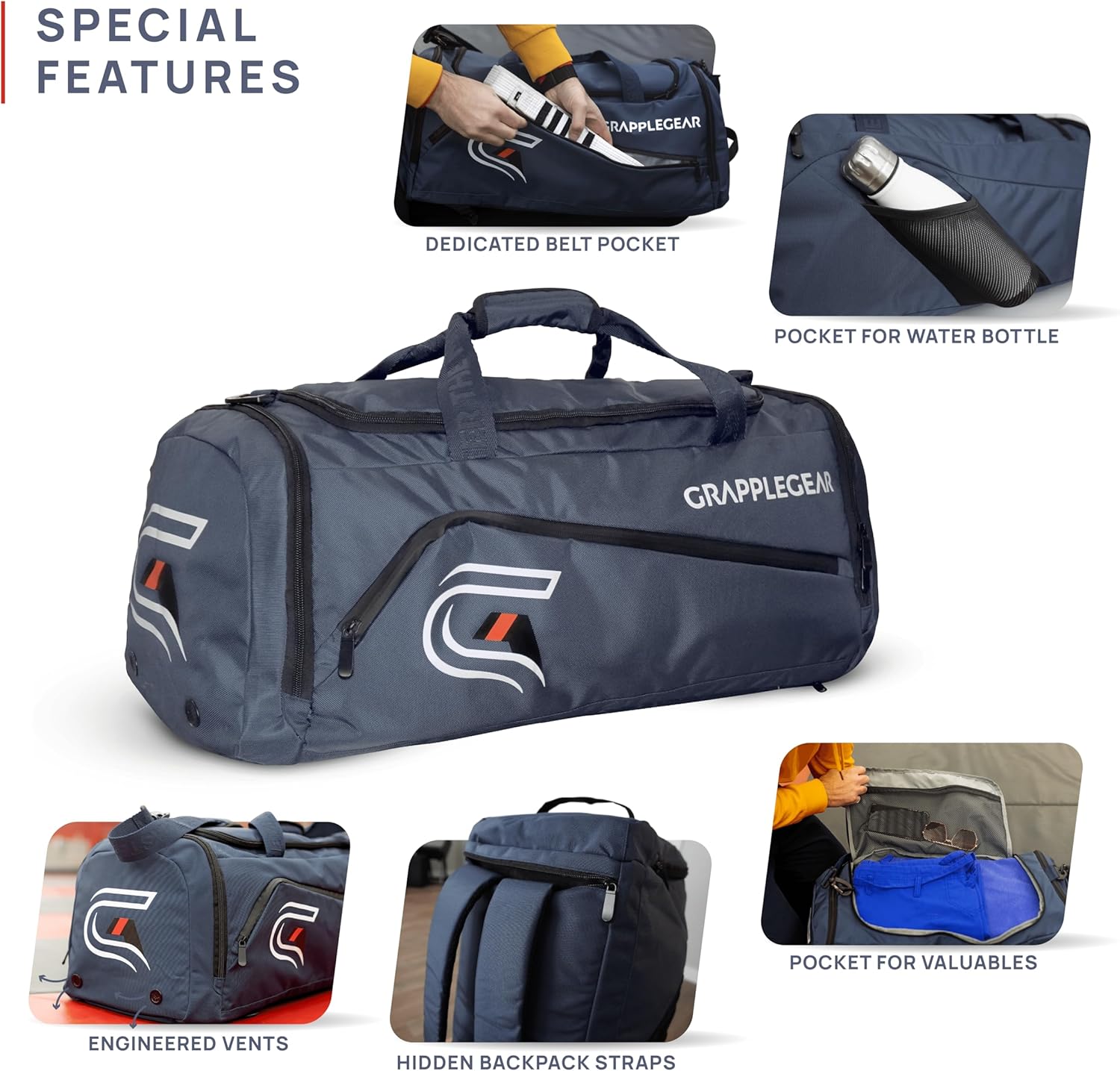 GrappleGear Heavy Duty BJJ Duffel Bag & Backpack in 1 - Large Pocket for Sweaty Gi, Rashguards, or Shoes - Perfect Gym Bag for Brazilian Jiu Jitsu, Martial Arts, Boxing, MMA, Kickboxing, Muay Thai.