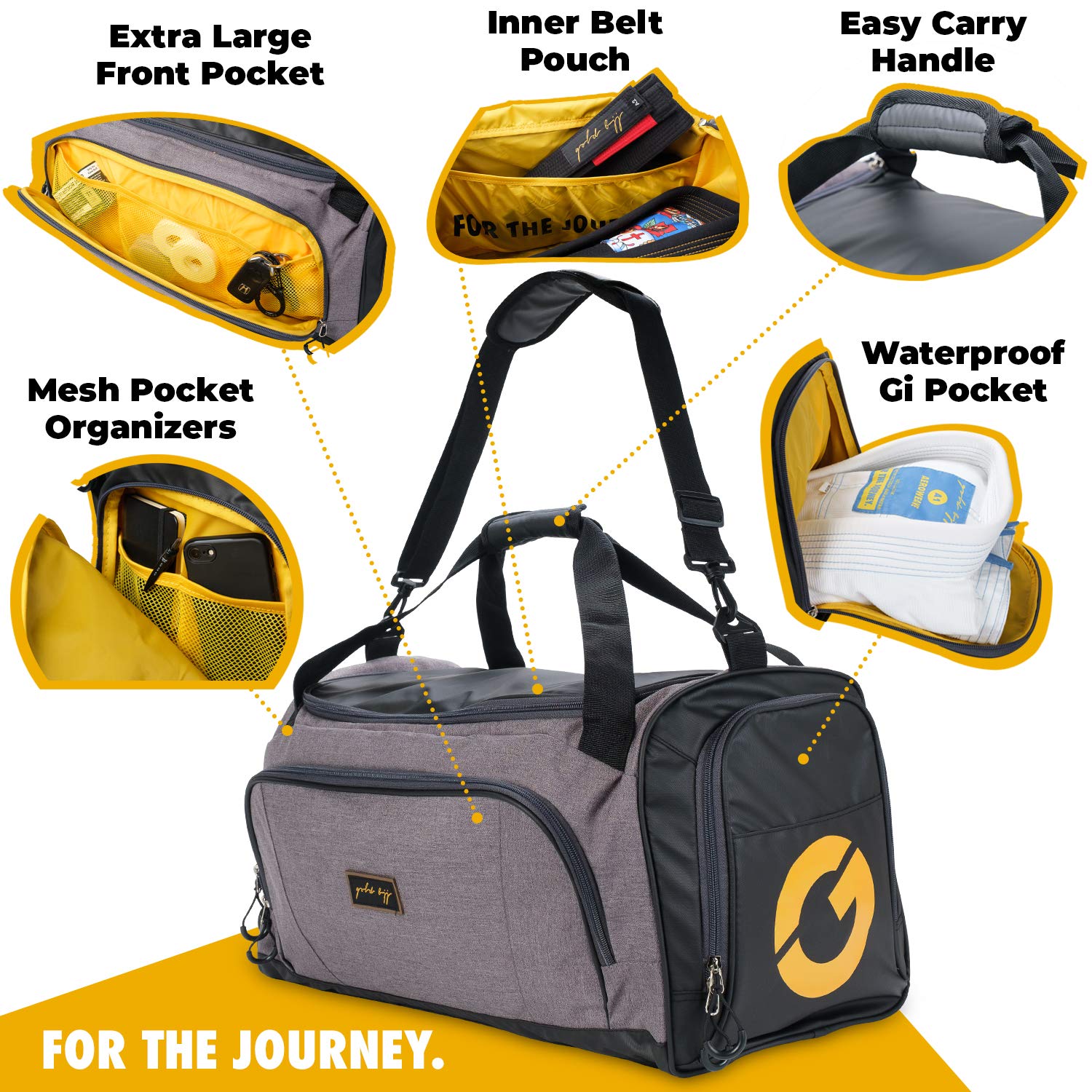 Gold BJJ Jiu Jitsu Duffle Bag - Waterproof Pocket for Sweaty Gi, Rashguard, or Shoes - The Perfect Duffel Bag for Martial Arts Gear, Boxing, MMA, and More