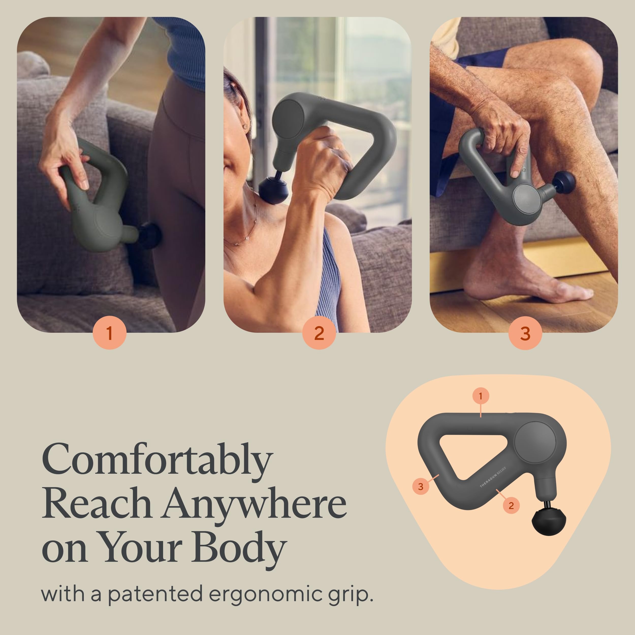 TheraGun Relief by Therabody - Easy-to-Use, Comfortable & Light Handheld Percussion Massage Gun for Everyday Pain Relief Massage Therapy in Neck, Back, Leg, Shoulder and Body (Sand)