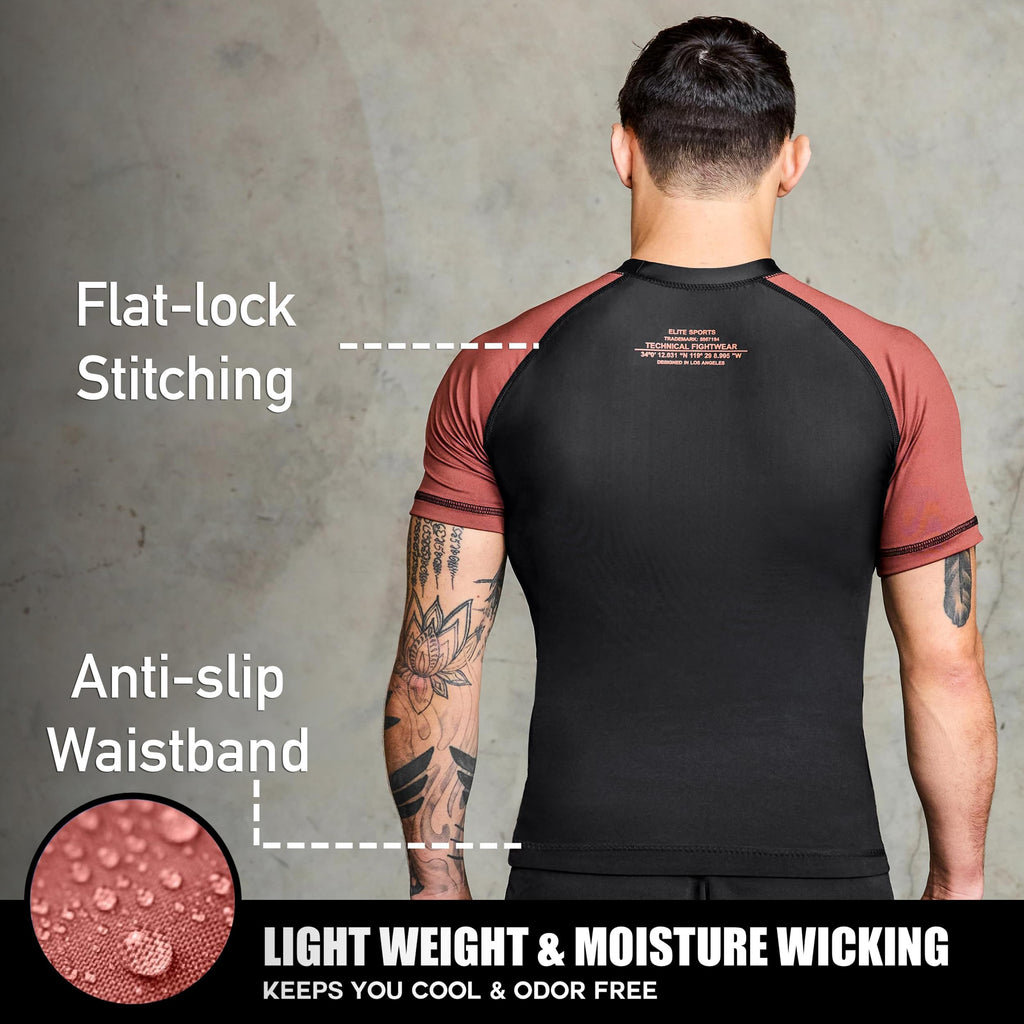 Elite Sports Jiu Jitsu BJJ Rash Guards, Men’s BJJ, No GI, MMA Ranked Short Sleeve Compression Base Layer Rash Guard