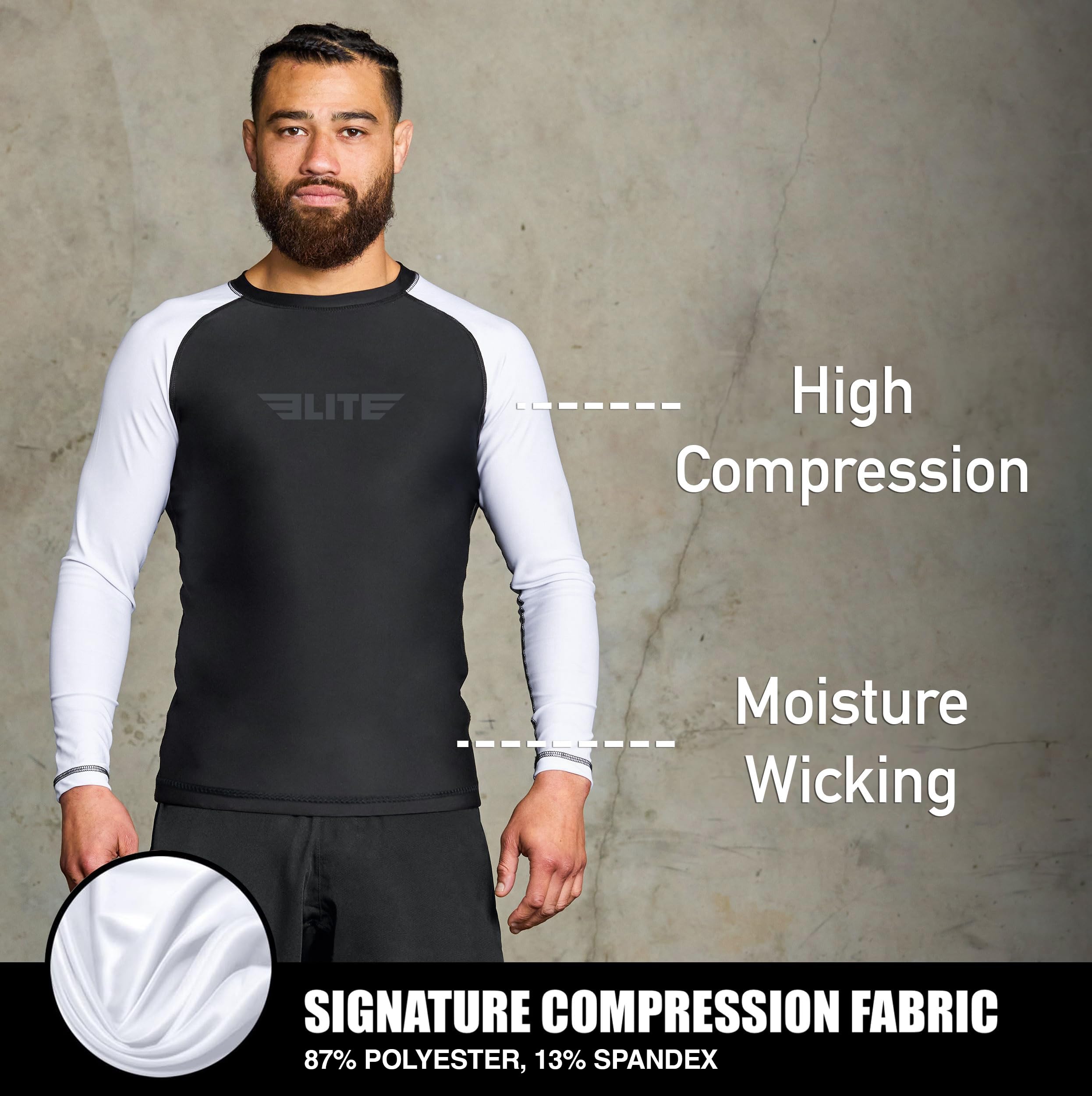 Elite Sports Men's Jiu Jitsu BJJ Rash Guard, Long Full Sleeve Compression Shirt for Sports Nogi Training