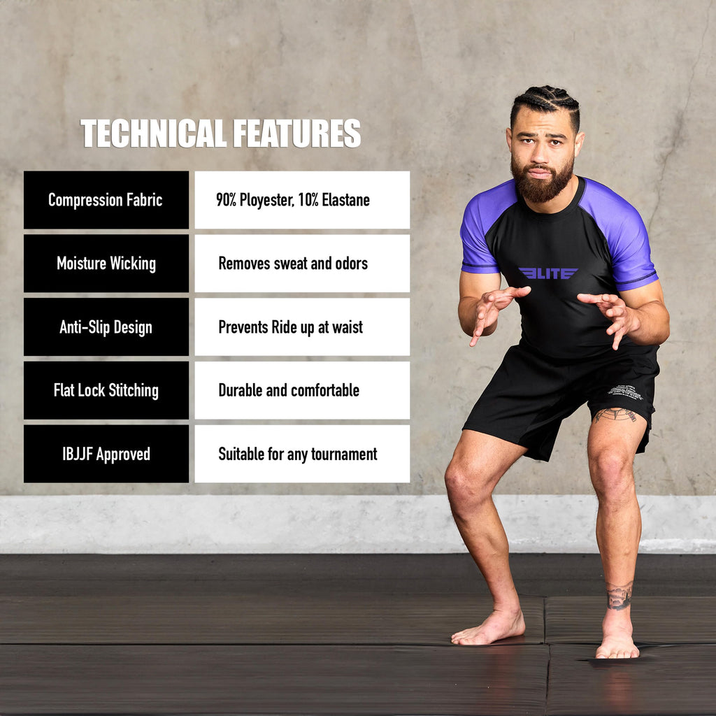 Elite Sports Jiu Jitsu BJJ Rash Guards, Men’s BJJ, No GI, MMA Ranked Short Sleeve Compression Base Layer Rash Guard