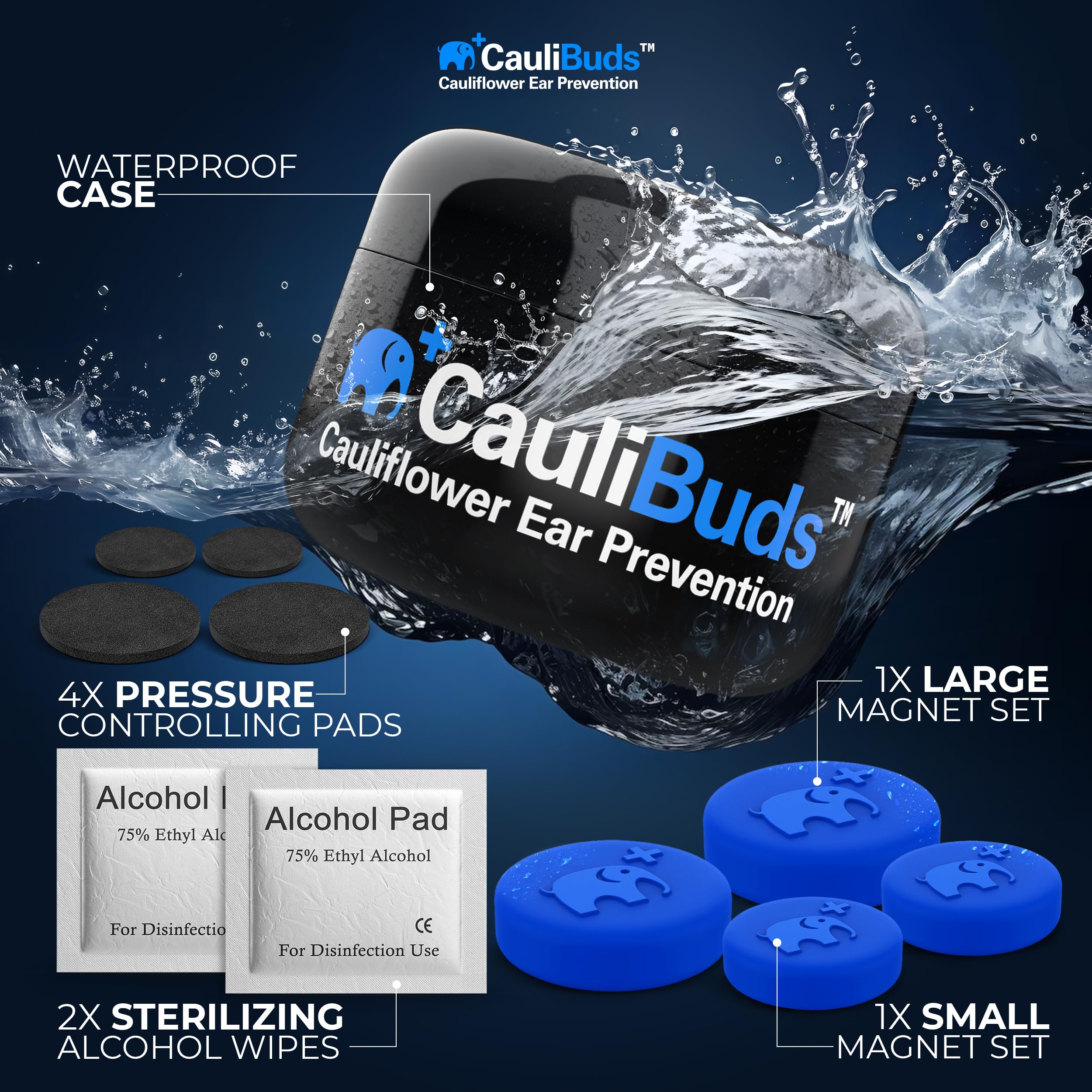 CauliBuds™ Cauliflower Ear Magnets - Premium Silicone Magnet Compression Kit for Cauliflower Ear Prevention & Treatment in BJJ, Wrestling, MMA, & Rugby - Minimize Ear Draining (Black)