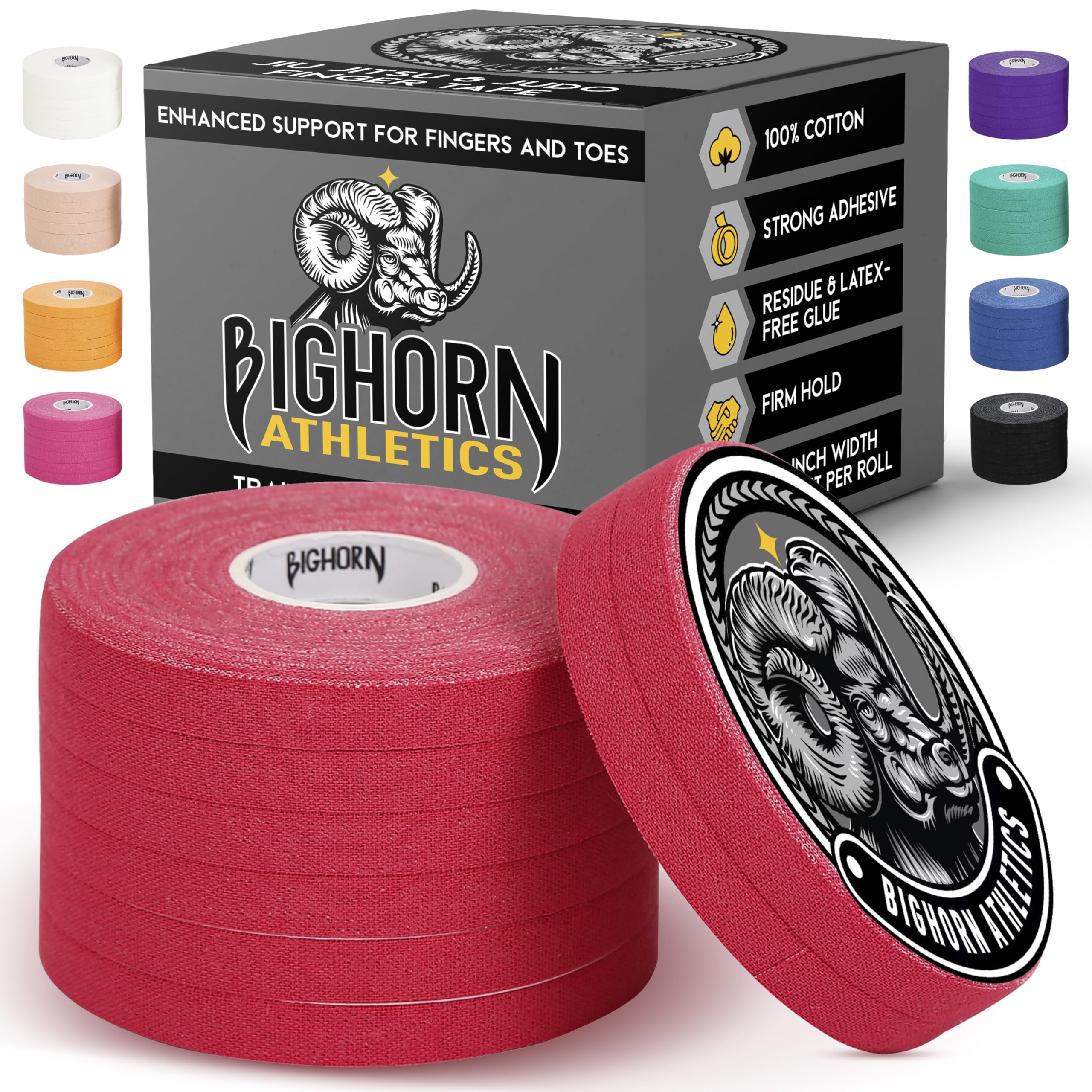 Bighorn Athletics Jiu Jitsu Finger Tape | Residue-Free Athletic Finger Tape for Sports & Injuries: Rock Climbing, Volleyball, Football, Basketball, Hands & Toes | 0.3-Inch x 45-feet, 8-Rolls, Black