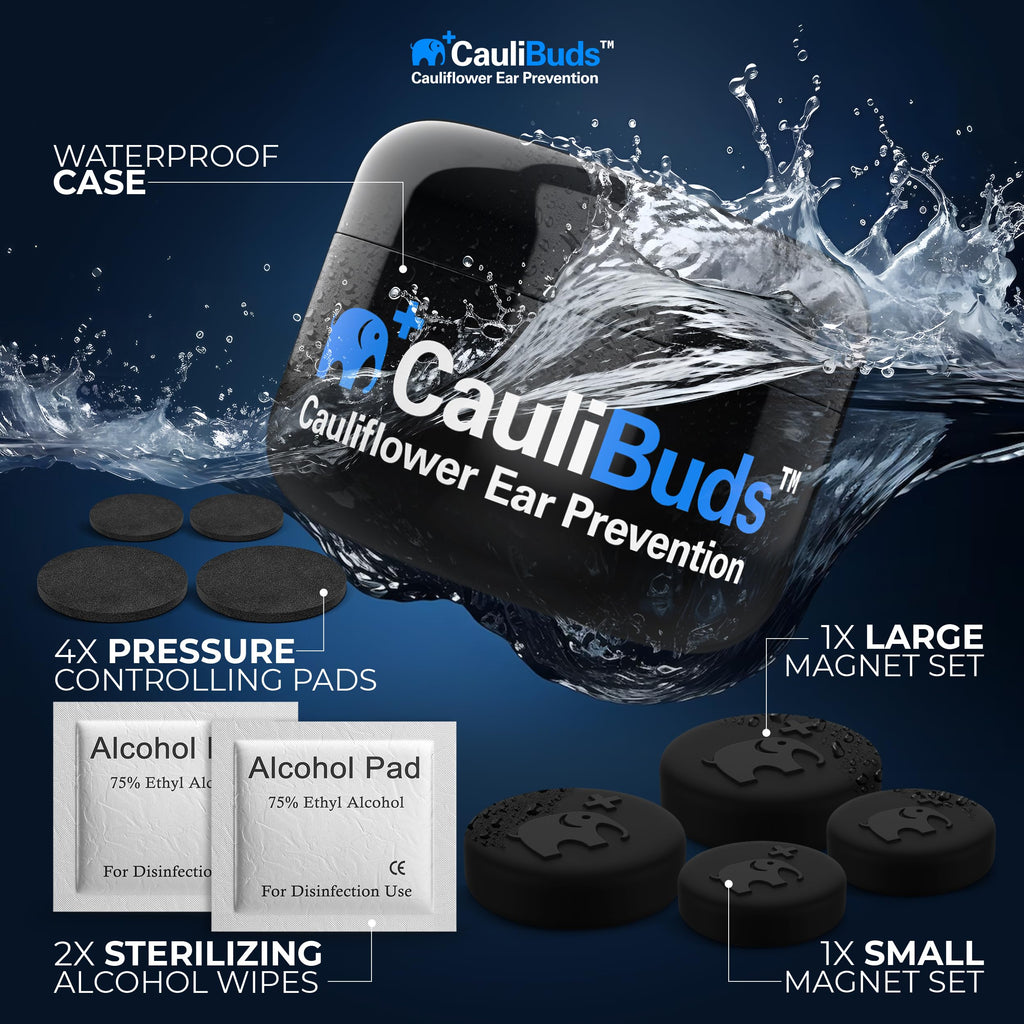 CauliBuds™ Cauliflower Ear Magnets - Premium Silicone Magnet Compression Kit for Cauliflower Ear Prevention & Treatment in BJJ, Wrestling, MMA, & Rugby - Minimize Ear Draining (Black)