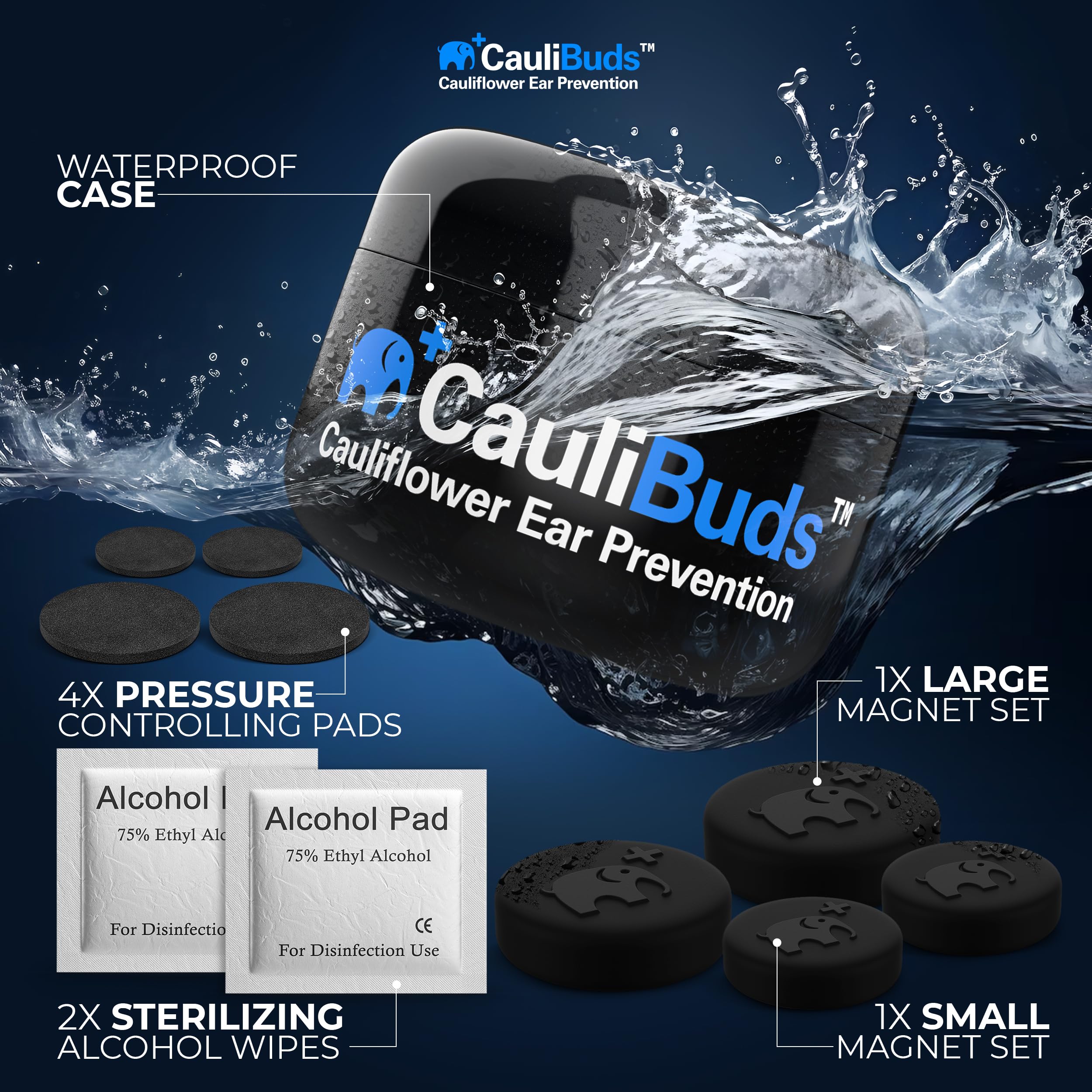 CauliBuds™ Cauliflower Ear Magnets - Premium Silicone Magnet Compression Kit for Cauliflower Ear Prevention & Treatment in BJJ, Wrestling, MMA, & Rugby - Minimize Ear Draining (Black)