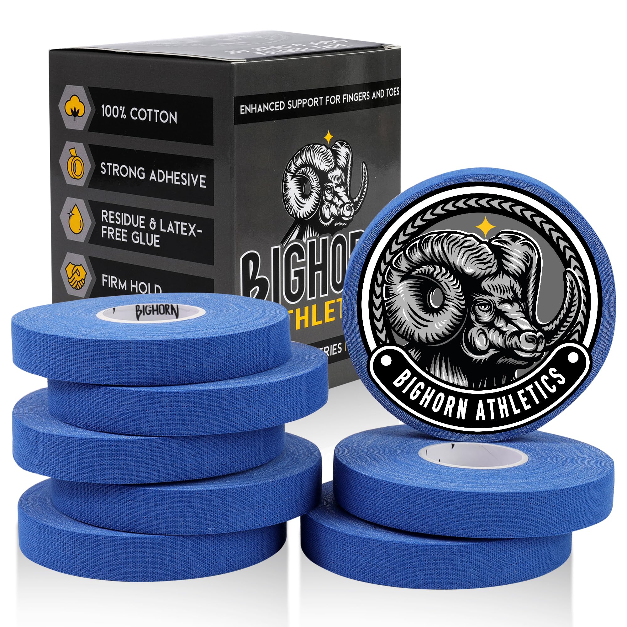 Bighorn Athletics Jiu Jitsu Finger Tape | Residue-Free Athletic Finger Tape for Sports & Injuries: Rock Climbing, Volleyball, Football, Basketball, Hands & Toes | 0.3-Inch x 45-feet, 8-Rolls, Black