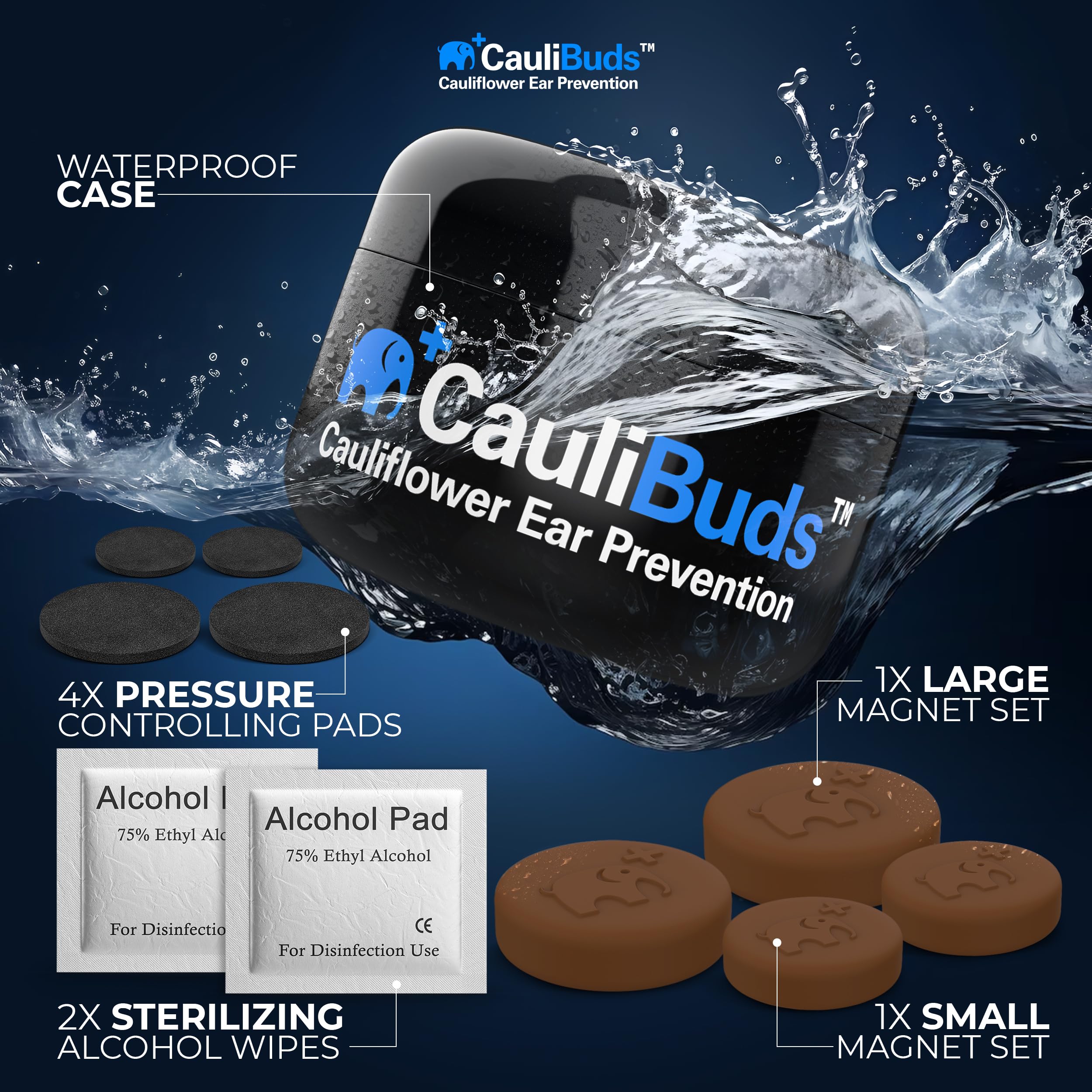 CauliBuds™ Cauliflower Ear Magnets - Premium Silicone Magnet Compression Kit for Cauliflower Ear Prevention & Treatment in BJJ, Wrestling, MMA, & Rugby - Minimize Ear Draining (Black)