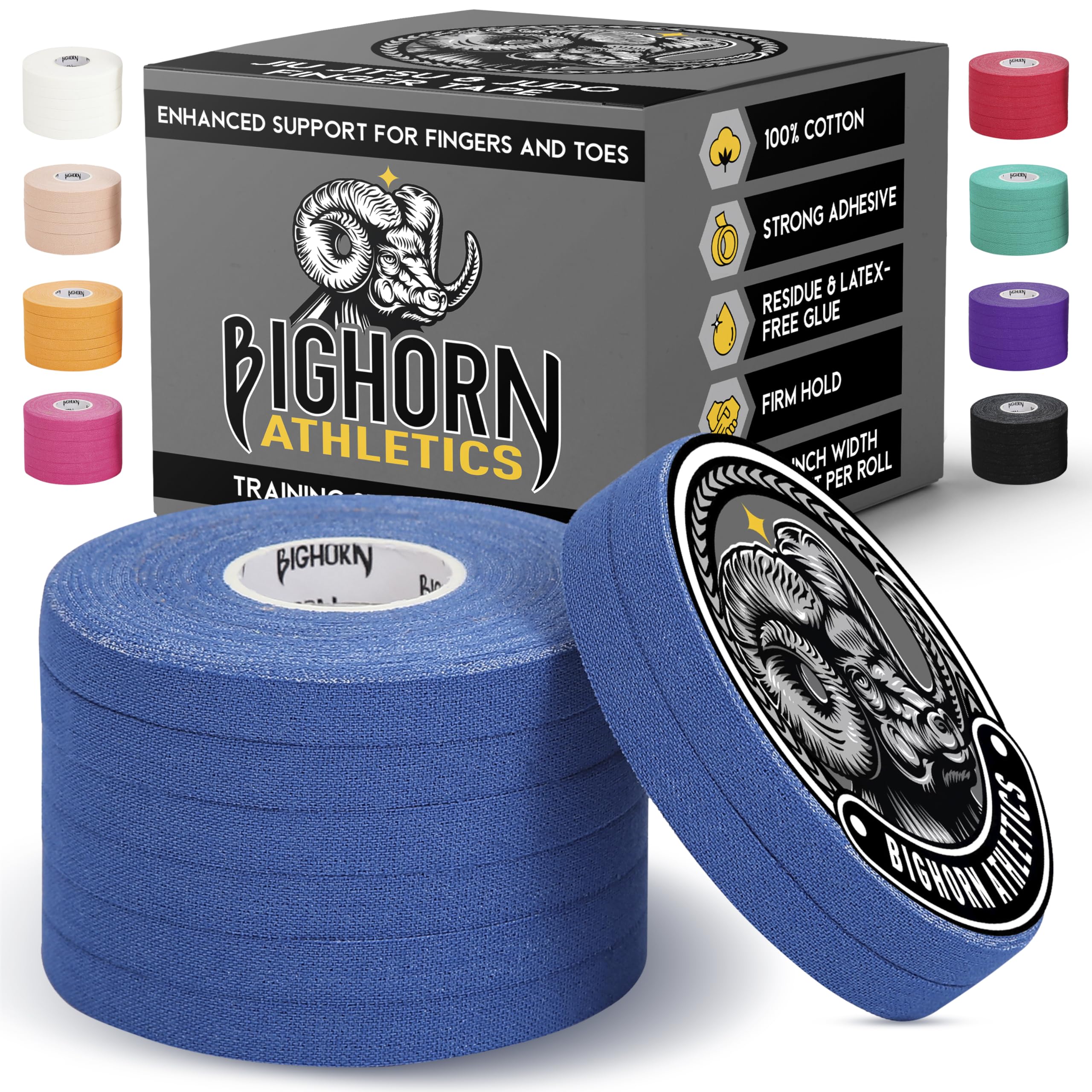 Bighorn Athletics Jiu Jitsu Finger Tape | Residue-Free Athletic Finger Tape for Sports & Injuries: Rock Climbing, Volleyball, Football, Basketball, Hands & Toes | 0.3-Inch x 45-feet, 8-Rolls, Black