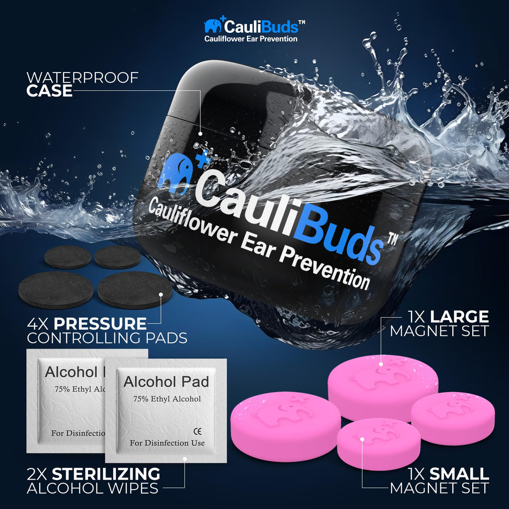 CauliBuds™ Cauliflower Ear Magnets - Premium Silicone Magnet Compression Kit for Cauliflower Ear Prevention & Treatment in BJJ, Wrestling, MMA, & Rugby - Minimize Ear Draining (Black)