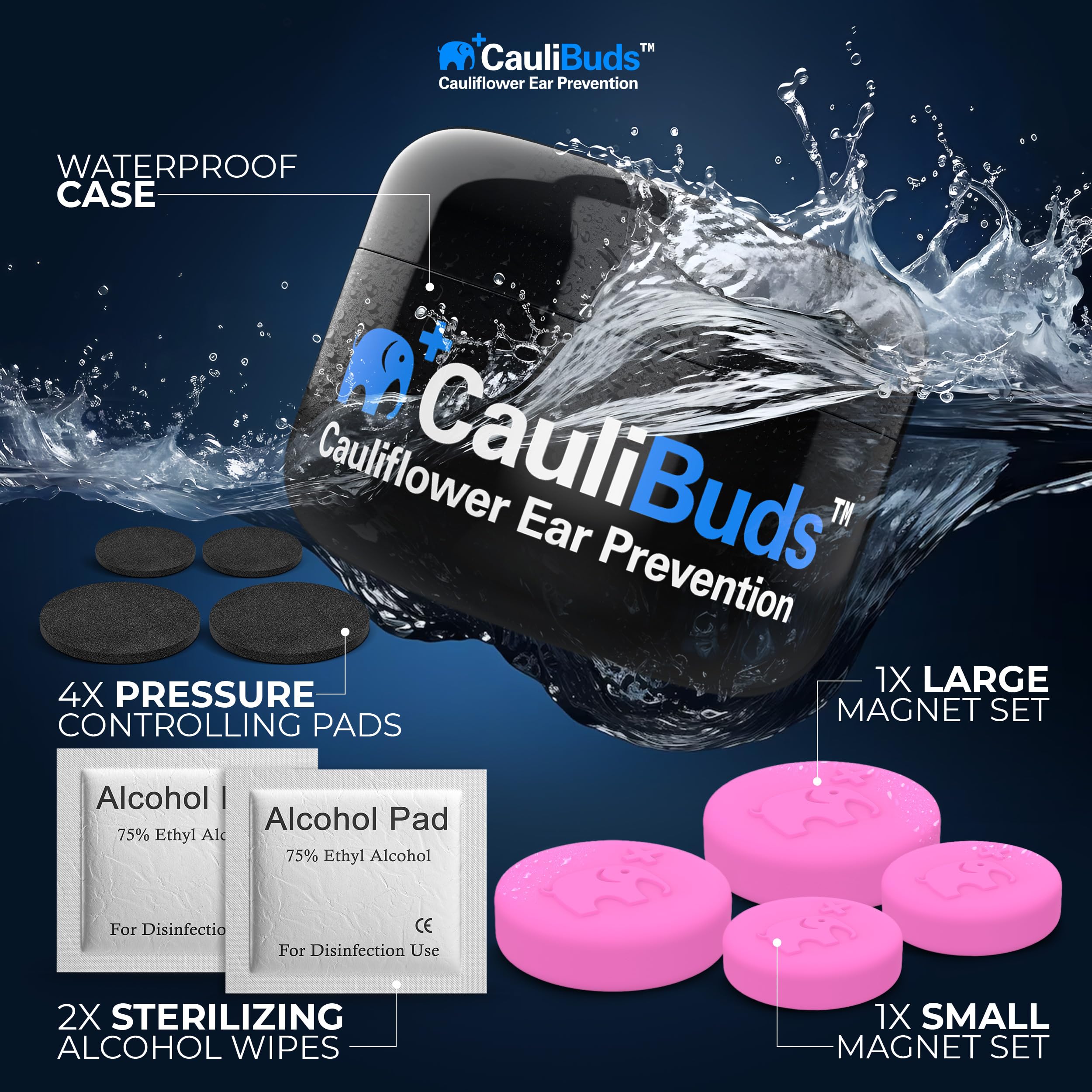 CauliBuds™ Cauliflower Ear Magnets - Premium Silicone Magnet Compression Kit for Cauliflower Ear Prevention & Treatment in BJJ, Wrestling, MMA, & Rugby - Minimize Ear Draining (Black)