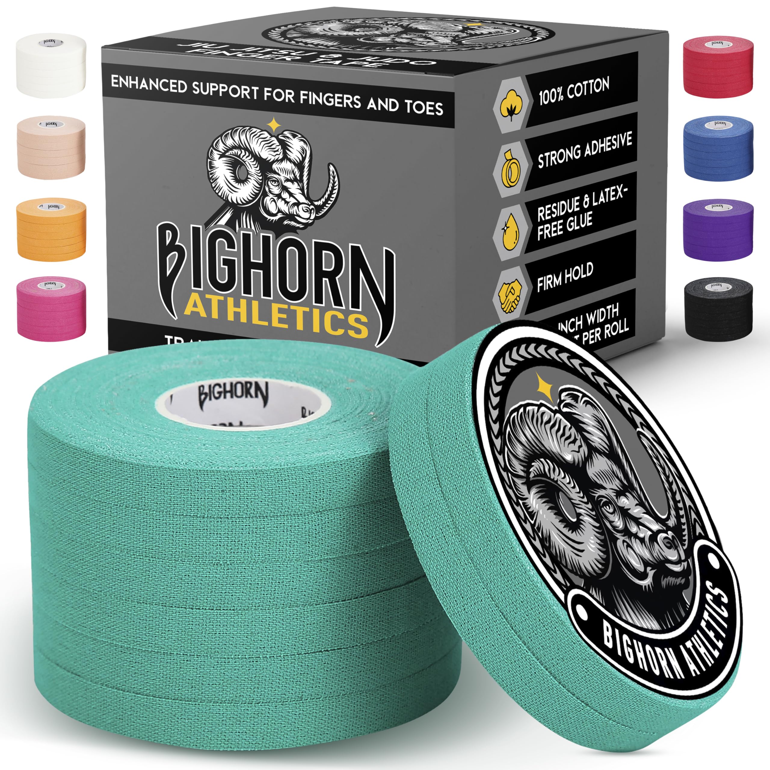 Bighorn Athletics Jiu Jitsu Finger Tape | Residue-Free Athletic Finger Tape for Sports & Injuries: Rock Climbing, Volleyball, Football, Basketball, Hands & Toes | 0.3-Inch x 45-feet, 8-Rolls, Black