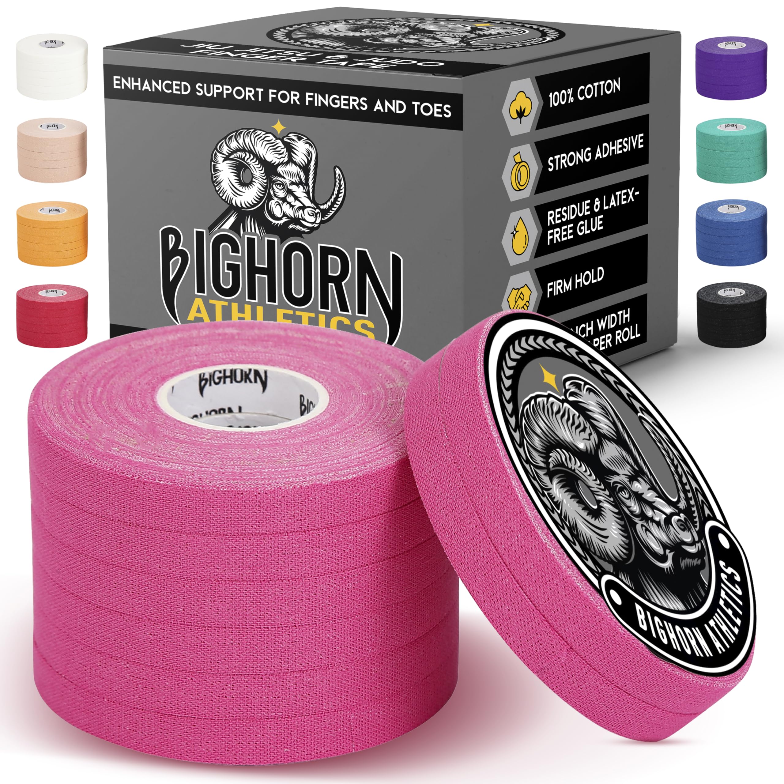 Bighorn Athletics Jiu Jitsu Finger Tape | Residue-Free Athletic Finger Tape for Sports & Injuries: Rock Climbing, Volleyball, Football, Basketball, Hands & Toes | 0.3-Inch x 45-feet, 8-Rolls, Black