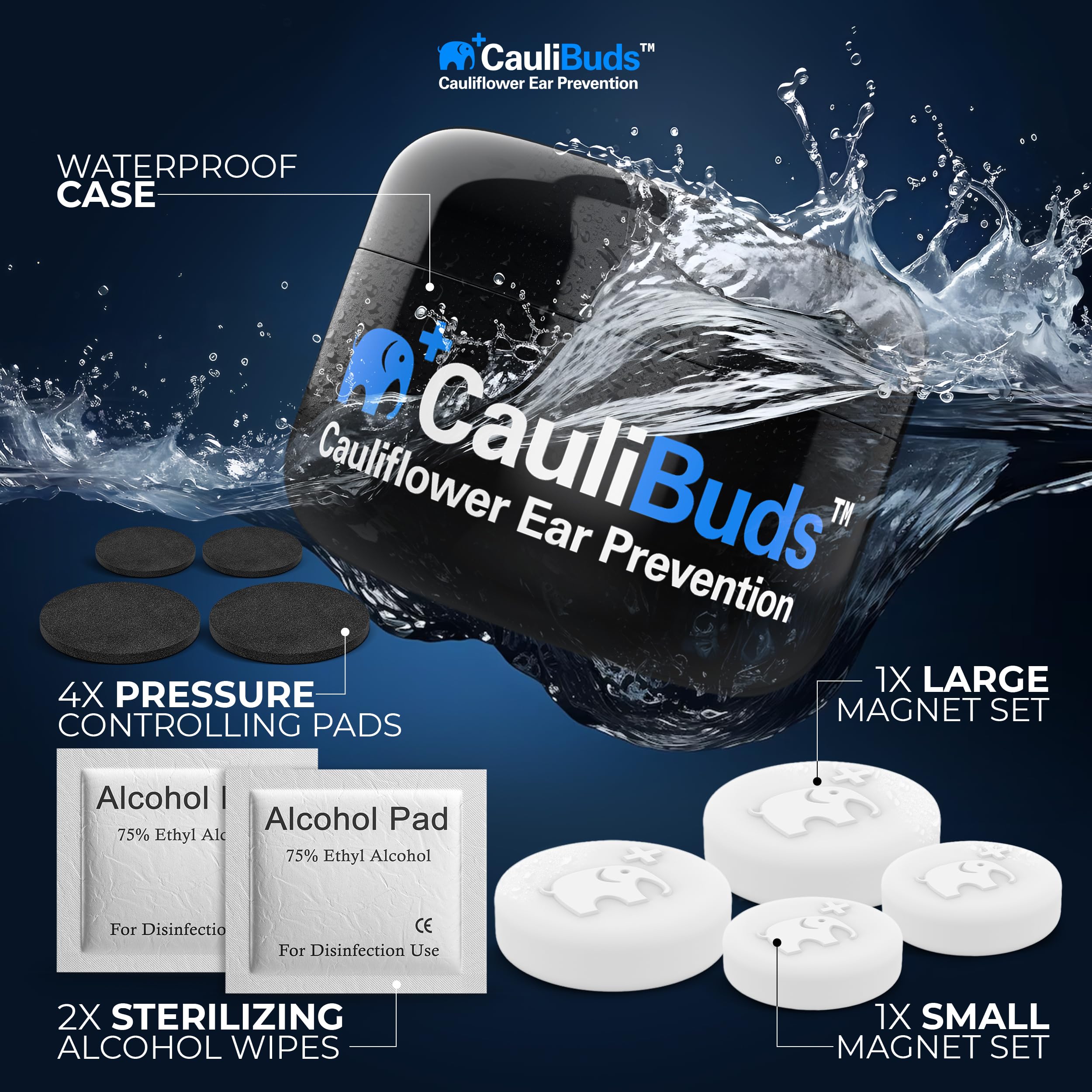 CauliBuds™ Cauliflower Ear Magnets - Premium Silicone Magnet Compression Kit for Cauliflower Ear Prevention & Treatment in BJJ, Wrestling, MMA, & Rugby - Minimize Ear Draining (Black)