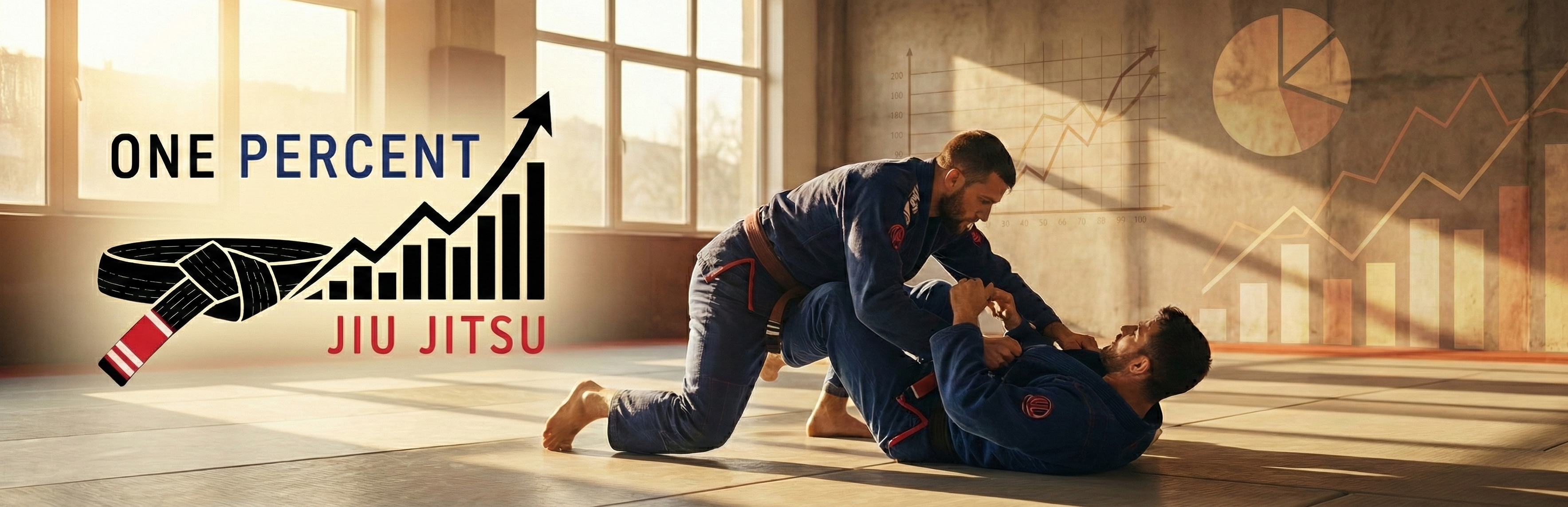 Two individuals practicing Jiu Jitsu in a room with large windows and One Percent Jiu Jitsu branding.